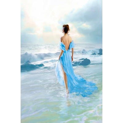 Diamond Painting Art Γυναίκα με Γαλάζιο Φόρεμα στην Παραλία 20cm x 30cm