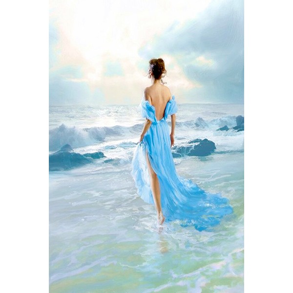 Diamond Painting Art Γυναίκα με Γαλάζιο Φόρεμα στην Παραλία 20cm x 30cm 20X30cm