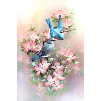 Diamond Painting Art Μπλε πουλάκια σε ροζ  λουλούδια 20cm x 30cm