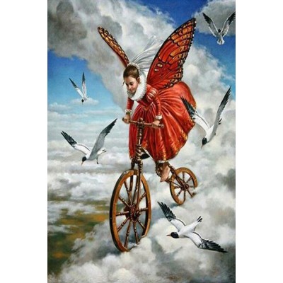 Diamond Painting Art Κοριτσι σε ποδήλατο με φτερά πεταλούδας πάνω στα σύννεφα 20cm x 30cm