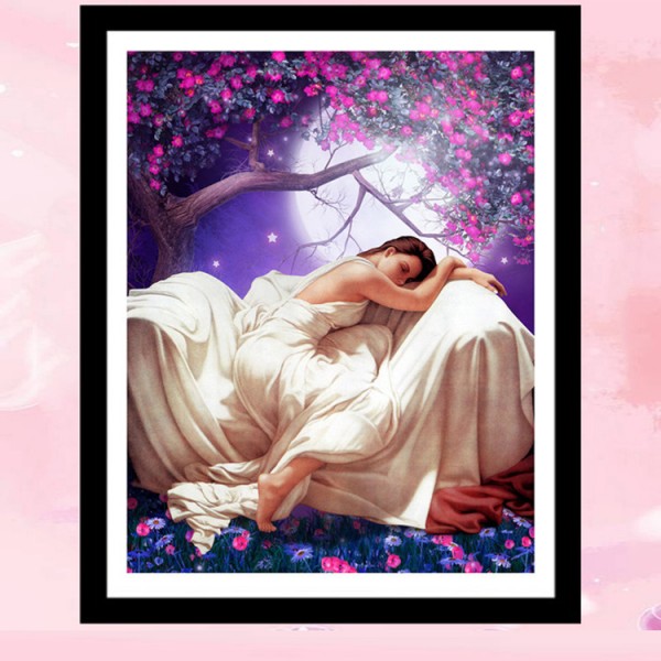 Diamond Painting Art Κοπέλα με λευκό φόρεμα και φόντο δέντρο με ροζ άνθη 20cm x 30cm 20X30cm