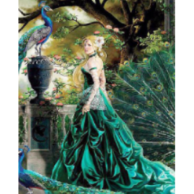 Diamond Painting Art Γυναίκα με πράσινο μακρύ φόρεμα και παγώνι 30cm X 40cm