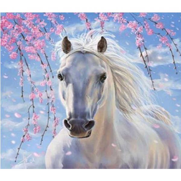 Diamond Painting Art Άλογο Λευκό με άνθη αμυγδαλιάς 30cm x 30cm 30x30cm