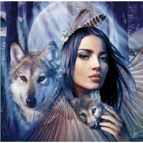 Diamond Painting Art Γυναίκα κρατά αγκαλιά ένα λυκάκι και έχει στο πλάι άλλον έννα λύκο 30cm x 30cm 30x30cm